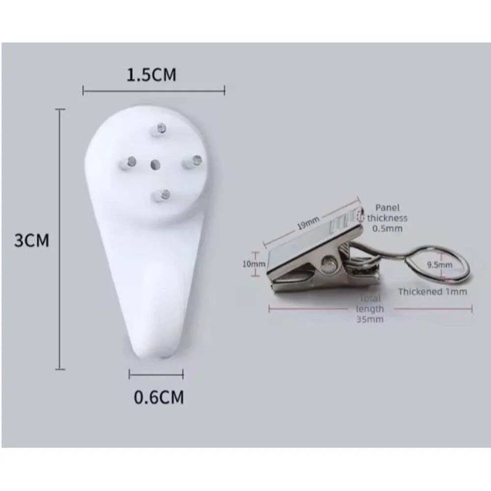 Set of 3 Wall Mount Clips w/ Adhesive Pads White Plastic Hooks & Metal Holders